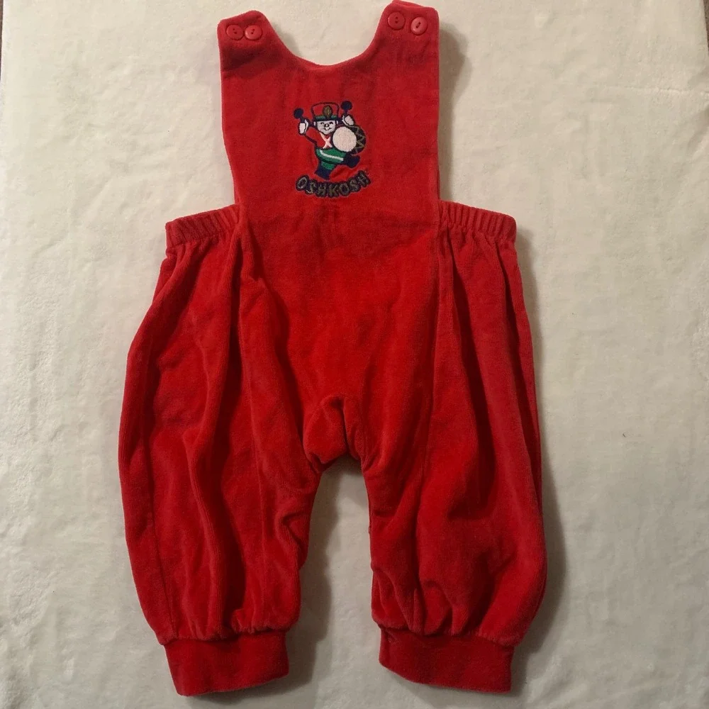 OshKosh B'gosh Red Velour Drummer Boy Embroidered Overalls Christmas Holiday 12m